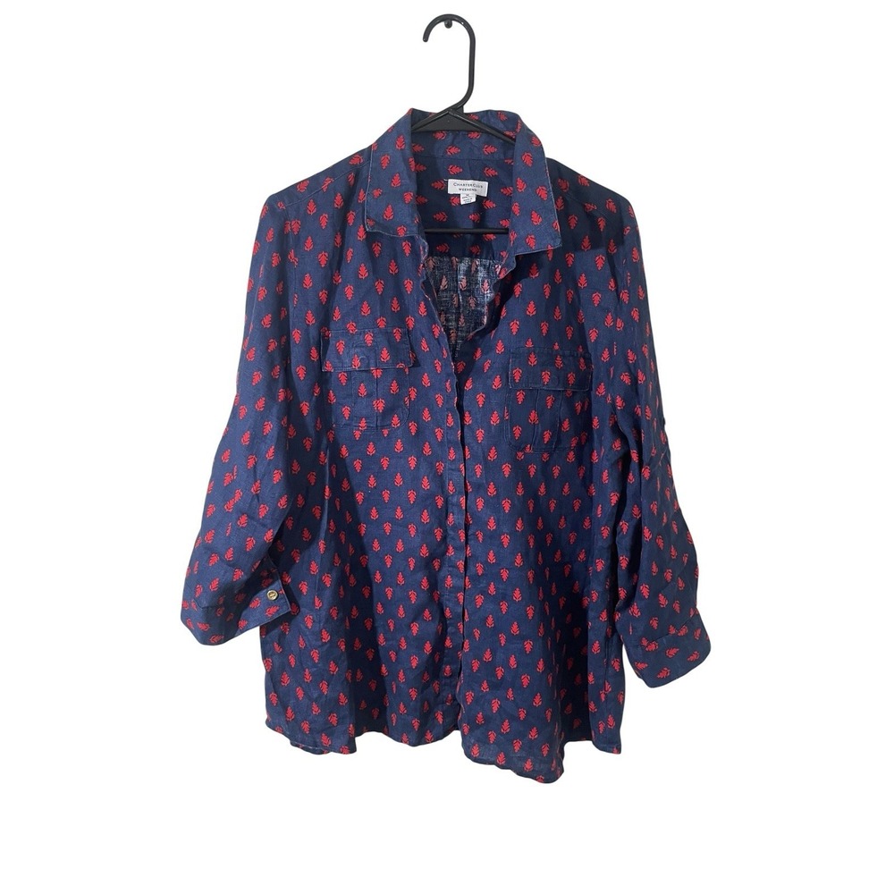 Charter Club 100% Linen Leaf Print Button Down Shirt XL Minimalist Botanical